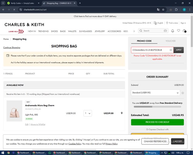 Charles & Keith checkout page showing Charles & Keith promo code box | Screenshot taken by SimplyCodes community member on Feb 2, 2025