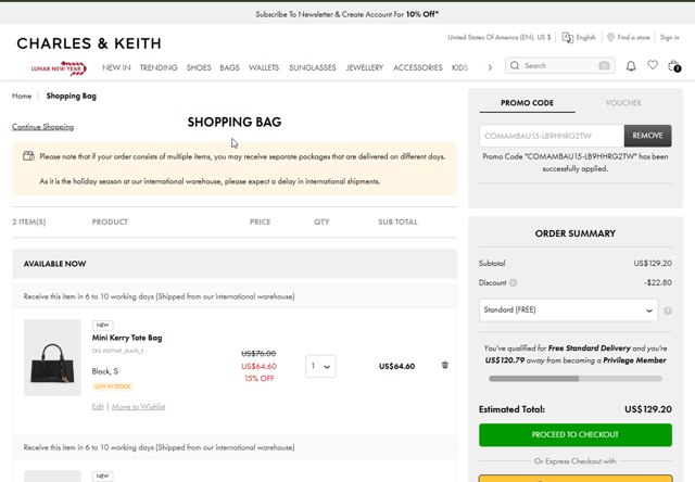 Charles & Keith checkout page showing Charles & Keith promo code box | Screenshot taken by SimplyCodes community member on Feb 2, 2025