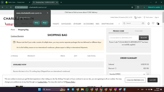 Charles & Keith checkout page showing Charles & Keith promo code box | Screenshot taken by SimplyCodes community member on Feb 3, 2025