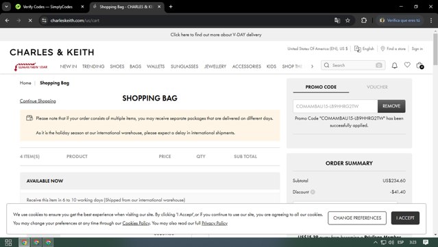 Charles & Keith checkout page showing Charles & Keith promo code box | Screenshot taken by SimplyCodes community member on Feb 3, 2025