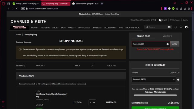 Charles & Keith checkout page showing Charles & Keith promo code box | Screenshot taken by SimplyCodes community member on Feb 3, 2025