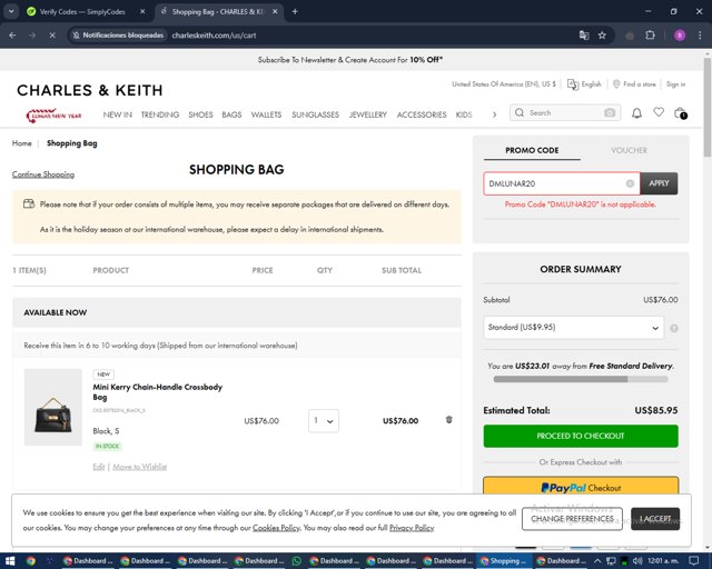 Charles & Keith checkout page showing Charles & Keith promo code box | Screenshot taken by SimplyCodes community member on Feb 3, 2025