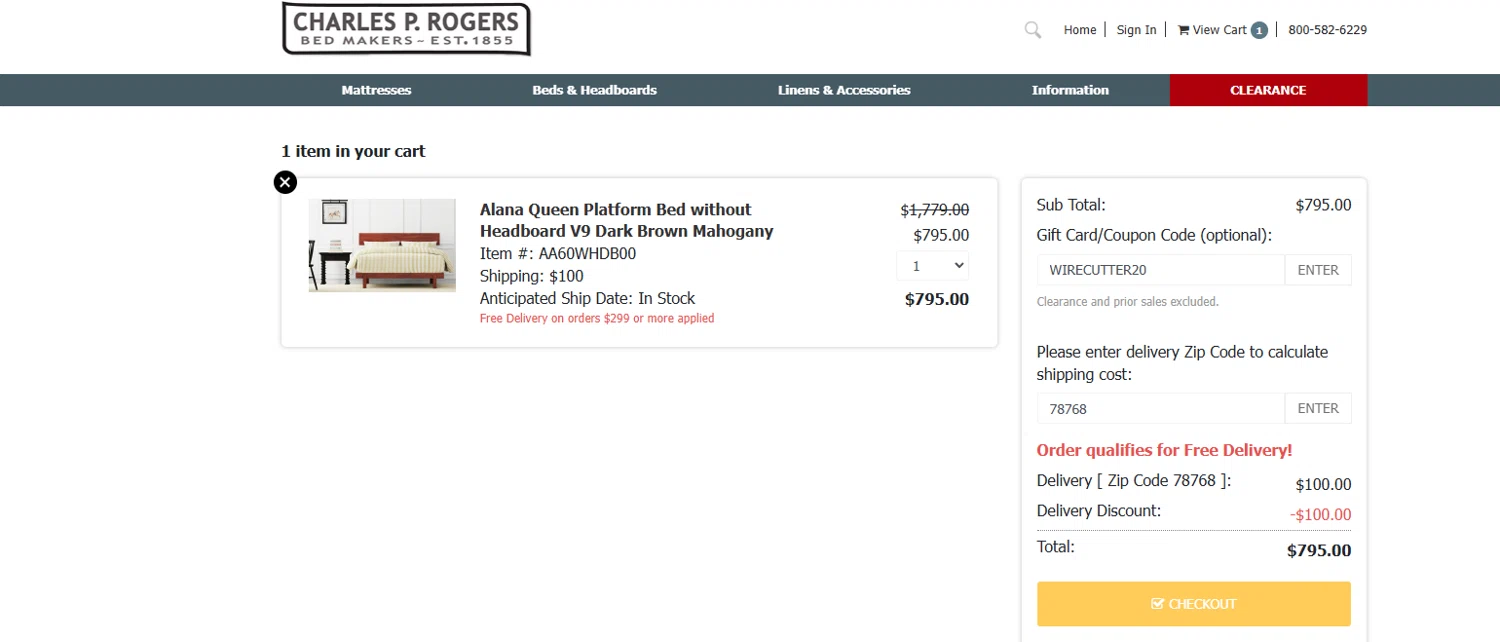 Charles P. Rogers coupon code screenshot showing code WIRECUTTER20 applied at Charles P. Rogers checkout page. Uploaded by SimplyCodes community member Woskal on Mar 13, 2025