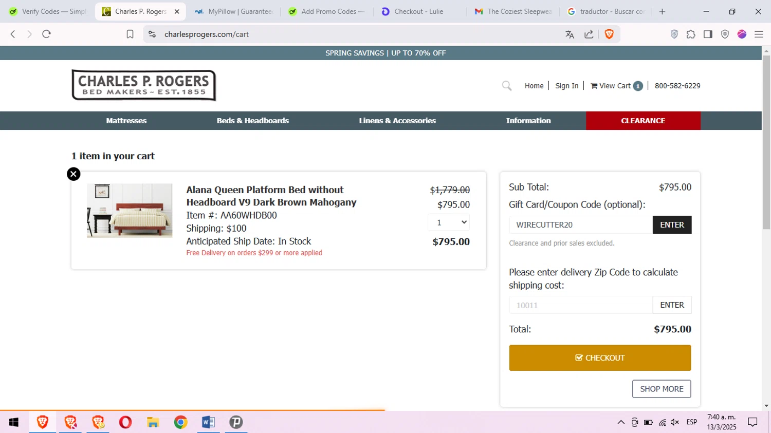 Charles P. Rogers coupon code screenshot showing code WIRECUTTER20 applied at Charles P. Rogers checkout page. Uploaded by SimplyCodes community member peachee on Mar 13, 2025