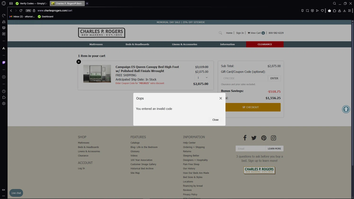 Charles P. Rogers coupon code screenshot showing code ss2025 applied at Charles P. Rogers checkout page. Uploaded by SimplyCodes community member CleverSage7079 on May 27, 2025