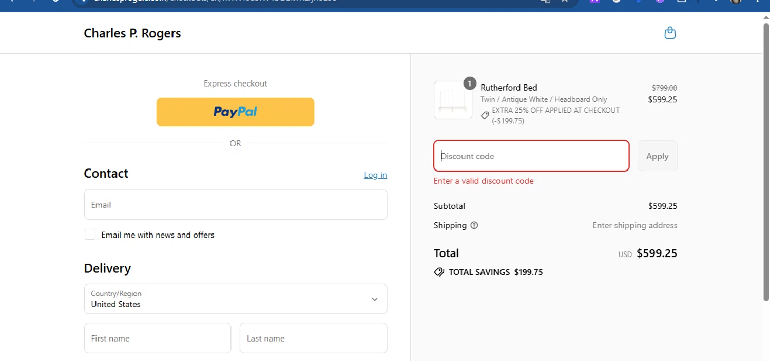 Charles P. Rogers coupon code screenshot showing code MD2025 applied at Charles P. Rogers checkout page. Uploaded by SimplyCodes community member Acidwire on Jul 28, 2025