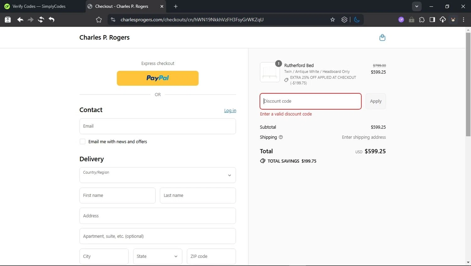 Charles P. Rogers coupon code screenshot showing code MD2025 applied at Charles P. Rogers checkout page. Uploaded by SimplyCodes community member BudgetCollector3125 on Jul 28, 2025