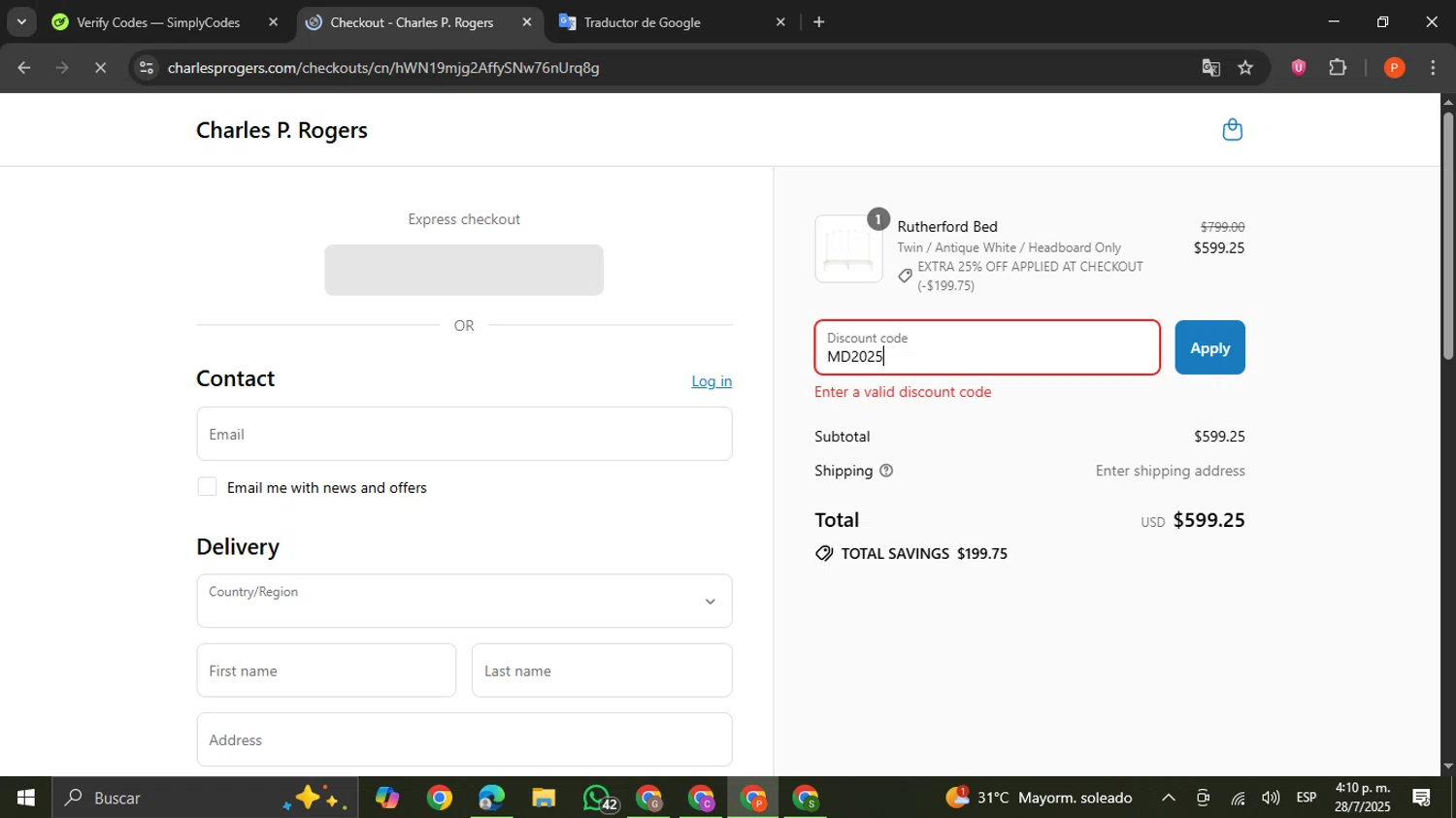 Charles P. Rogers coupon code screenshot showing code MD2025 applied at Charles P. Rogers checkout page. Uploaded by SimplyCodes community member VictoriousCaptain2658 on Jul 28, 2025