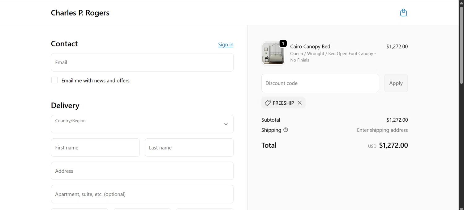 Charles P. Rogers coupon code screenshot showing code freeship applied at Charles P. Rogers checkout page. Uploaded by SimplyCodes community member Sebastiangil on Nov 16, 2025