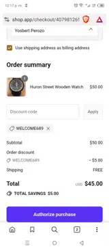 WELCOME689 coupon verification screenshot