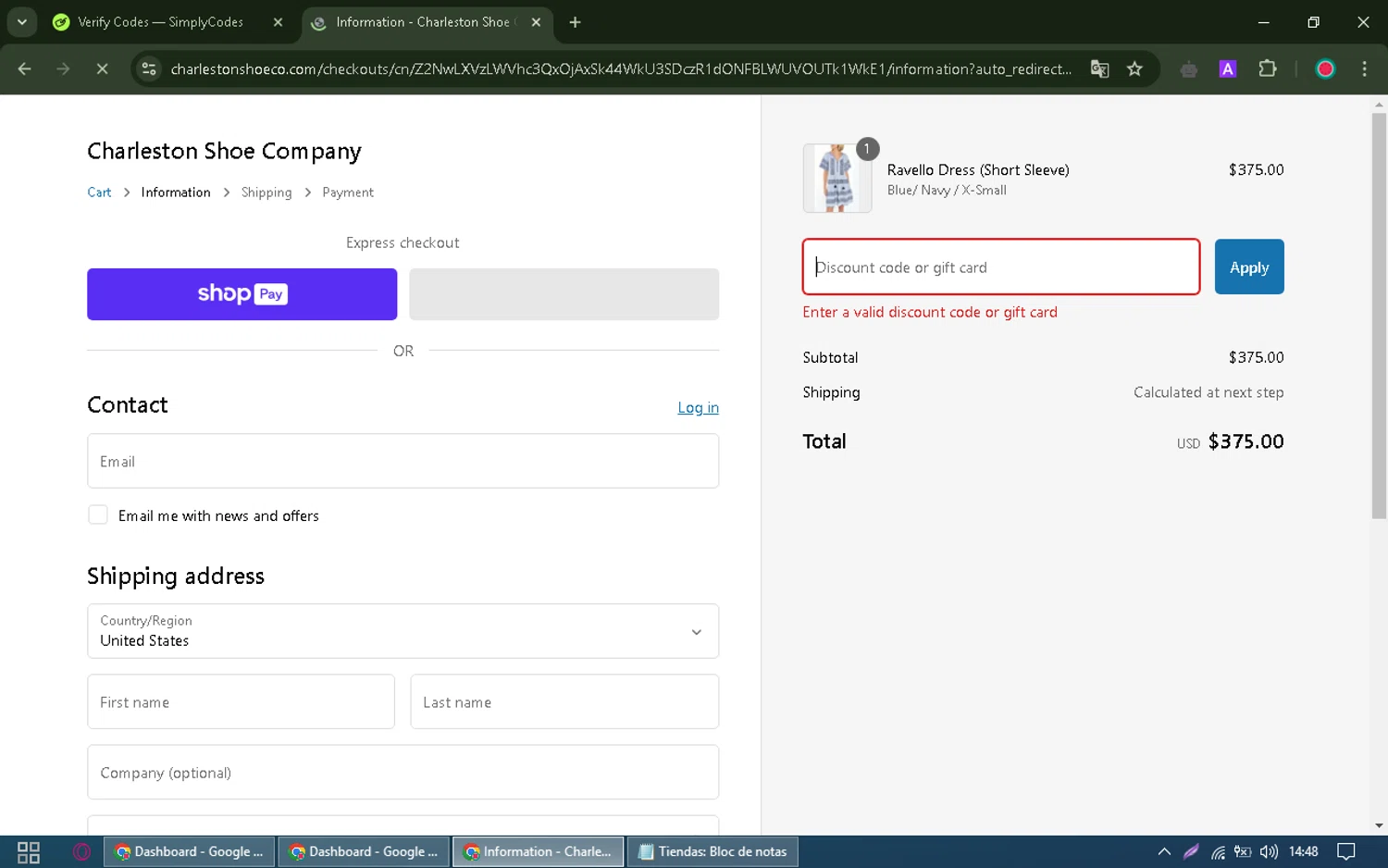Charleston Shoe discount code screenshot showing code COMEBACK applied at Charleston Shoe checkout page. Uploaded by SimplyCodes community member Richard_Miller on Mar 1, 2025