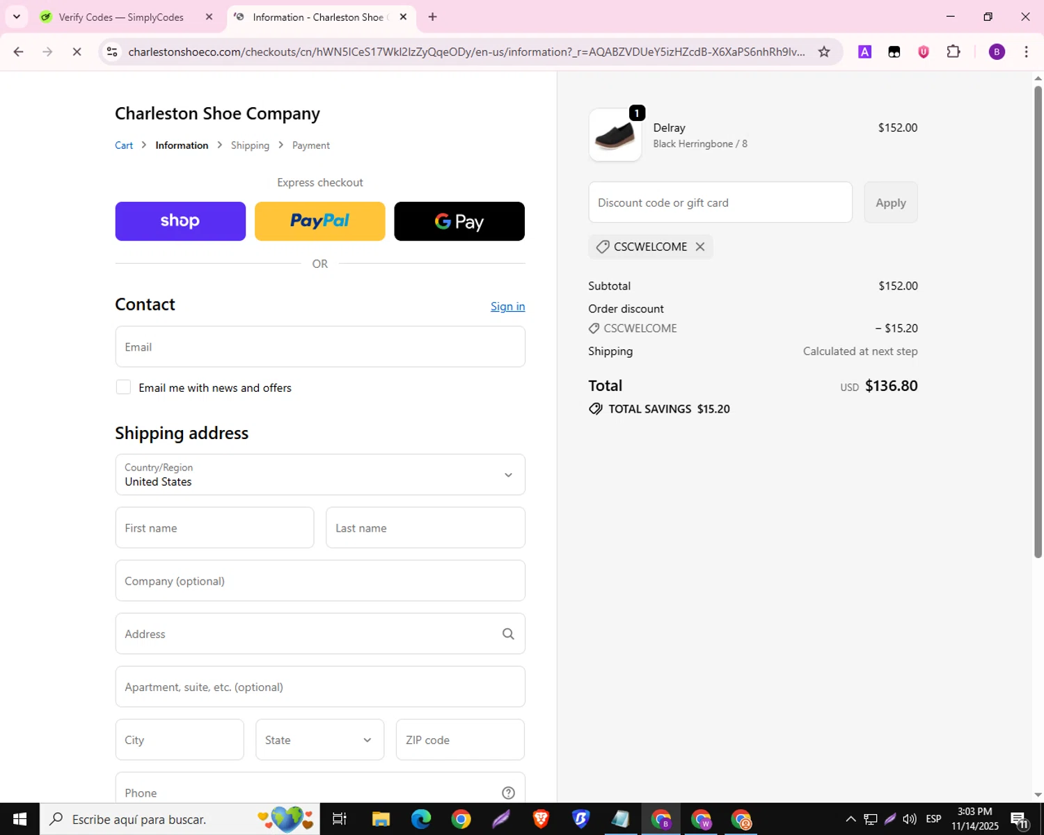 Charleston Shoe discount code screenshot showing code cscwelcome applied at Charleston Shoe checkout page. Uploaded by SimplyCodes community member RebateAdmiral6687 on Nov 14, 2025