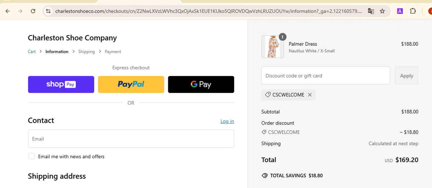Charleston Shoe discount code screenshot showing code cscwelcome applied at Charleston Shoe checkout page. Uploaded by SimplyCodes community member SmartMaestro6853 on Feb 18, 2025