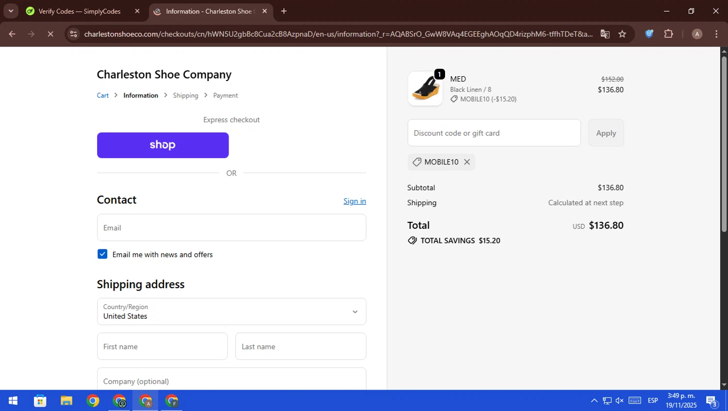 Charleston Shoe discount code screenshot showing code MOBILE10 applied at Charleston Shoe checkout page. Uploaded by SimplyCodes community member ScanFalcon6148 on Nov 19, 2025