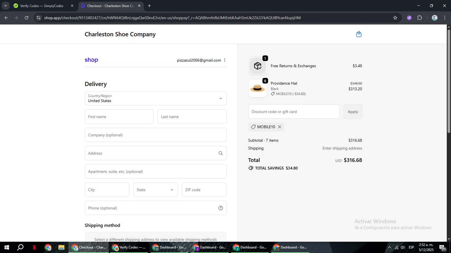 Charleston Shoe discount code screenshot showing code MOBILE10 applied at Charleston Shoe checkout page. Uploaded by SimplyCodes community member ShrewdSeeker6165 on Dec 5, 2025