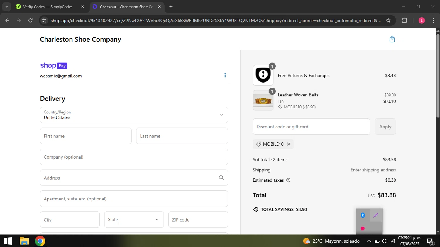 Charleston Shoe discount code screenshot showing code MOBILE10 applied at Charleston Shoe checkout page. Uploaded by SimplyCodes community member coder_916642691 on Mar 7, 2025