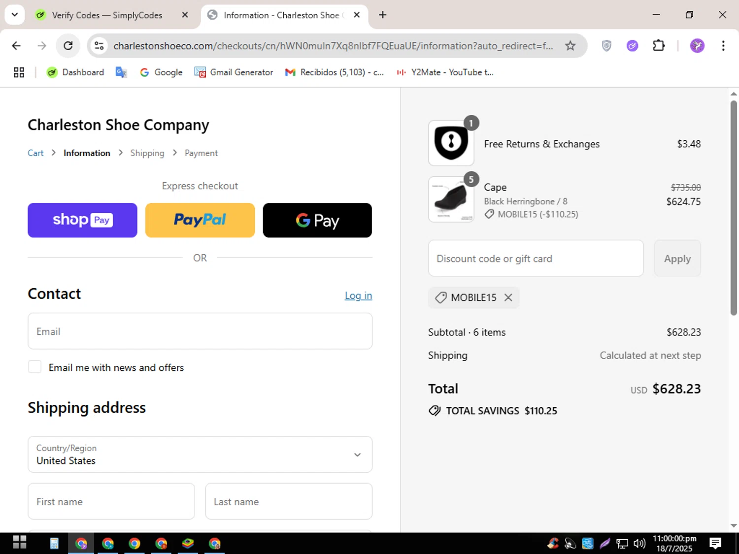 Charleston Shoe discount code screenshot showing code MOBILE15 applied at Charleston Shoe checkout page. Uploaded by SimplyCodes community member CouponSentinel5832 on Jul 19, 2025