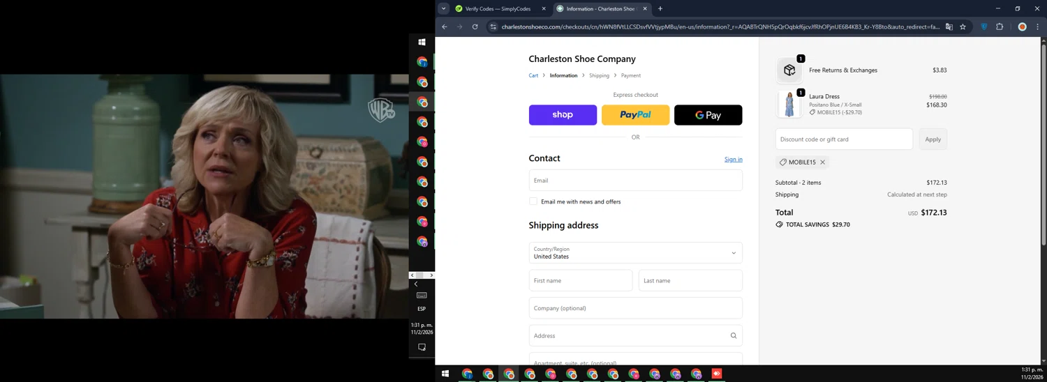 Charleston Shoe checkout page showing Charleston Shoe discount code box | Screenshot taken by SimplyCodes community member on Feb 11, 2026