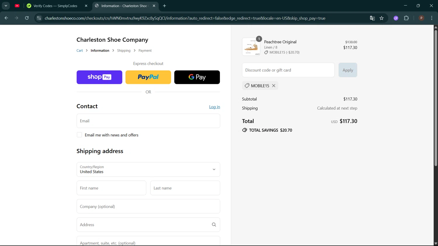 Charleston Shoe discount code screenshot showing code MOBILE15 applied at Charleston Shoe checkout page. Uploaded by SimplyCodes community member ShrewdPro2243 on Jul 19, 2025