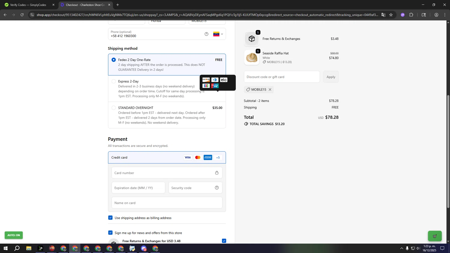 Charleston Shoe discount code screenshot showing code MOBILE15 applied at Charleston Shoe checkout page. Uploaded by SimplyCodes community member aaaaaaaaaaaaaaaa on Dec 16, 2025