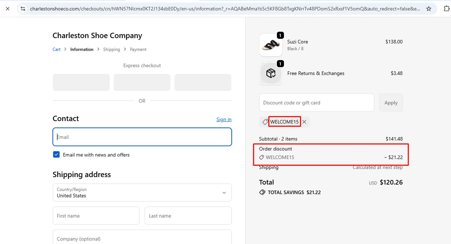 Charleston Shoe discount code screenshot showing code WELCOME15 applied at Charleston Shoe checkout page. Uploaded by SimplyCodes community member nileskamarcano on Nov 10, 2025