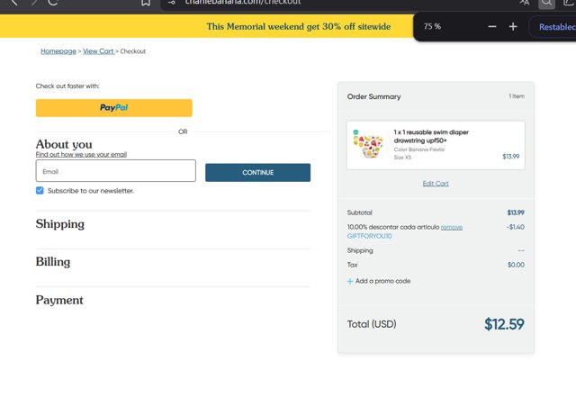 Charlie Banana checkout page showing Charlie Banana promo code box | Screenshot taken by SimplyCodes community member on May 31, 2025