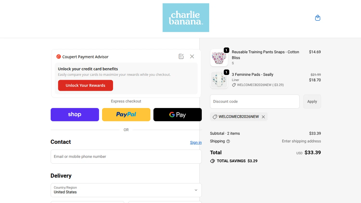 Charlie Banana promo code screenshot showing code WELCOMECB2026NEW applied at Charlie Banana checkout page. Uploaded by SimplyCodes community member CARAJITA on Jun 10, 2026