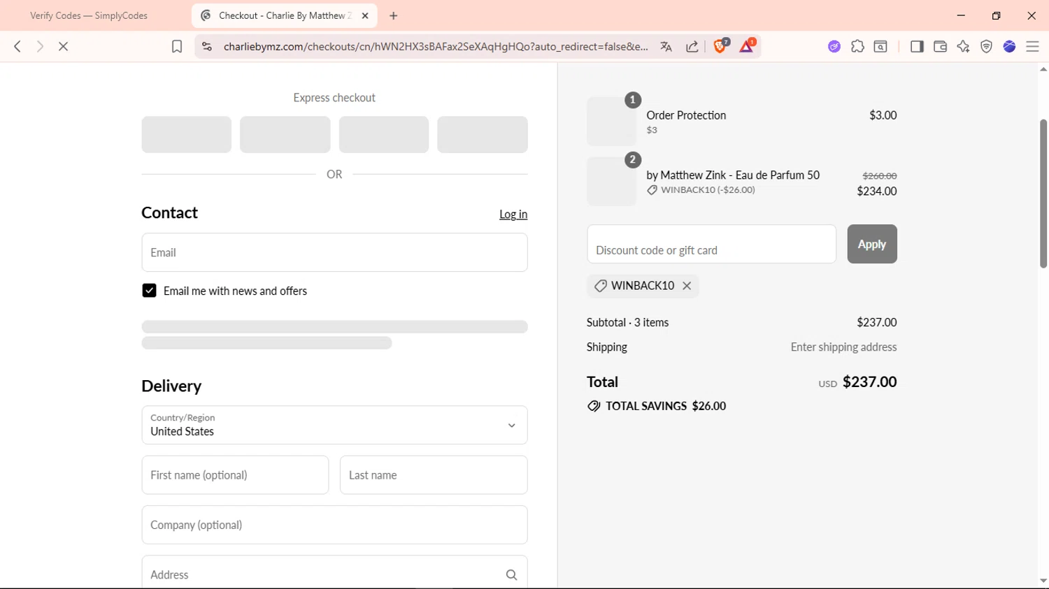 Charlie by Matthew Zink discount code screenshot showing code WINBACK10 applied at Charlie by Matthew Zink checkout page. Uploaded by SimplyCodes community member DiscountTiger7630 on Aug 27, 2025