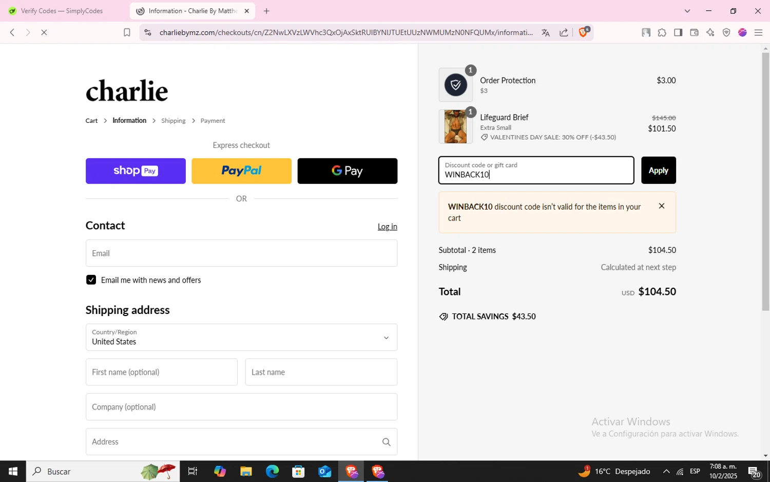 Charlie by Matthew Zink discount code screenshot showing code WINBACK10 applied at Charlie by Matthew Zink checkout page. Uploaded by SimplyCodes community member CodeLynx5272 on Feb 10, 2025