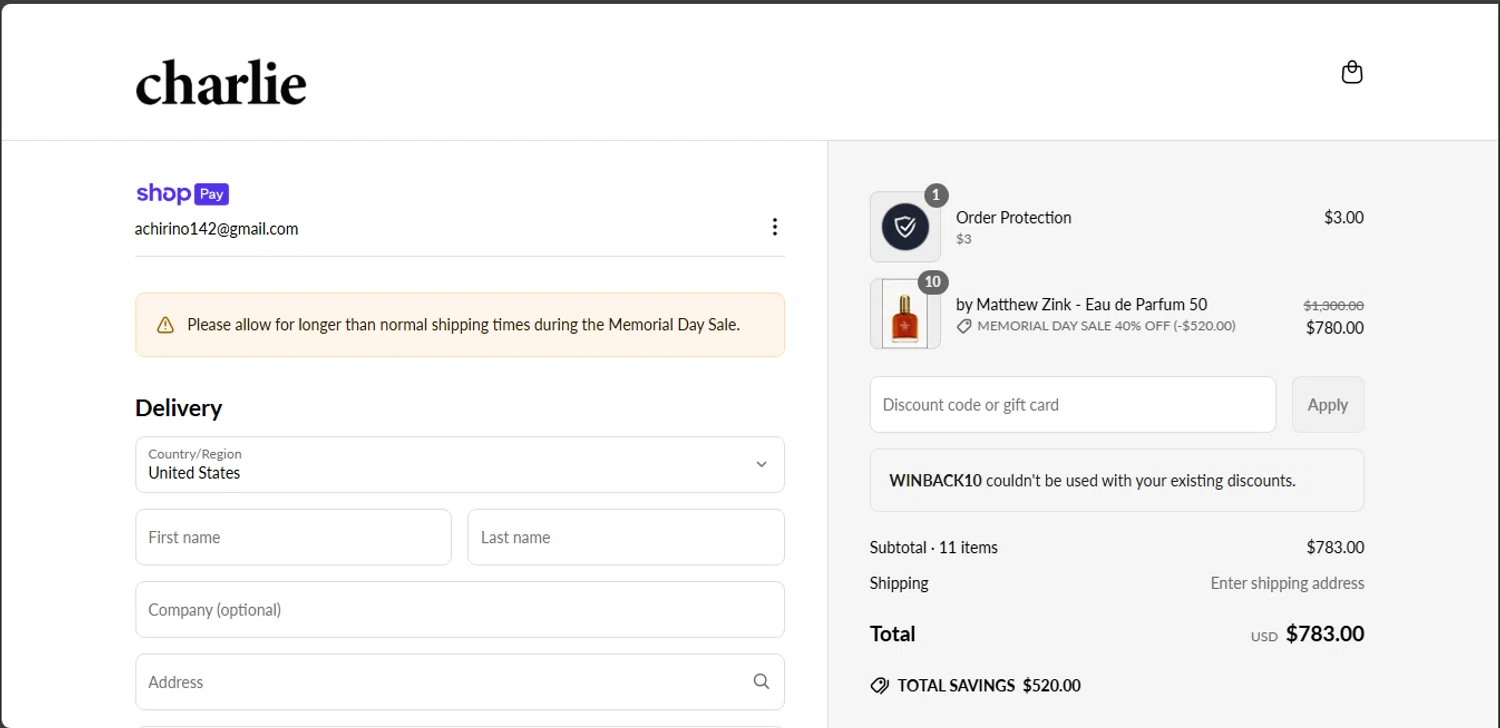 Charlie by Matthew Zink discount code screenshot showing code WINBACK10 applied at Charlie by Matthew Zink checkout page. Uploaded by SimplyCodes community member DealFinder8915 on May 19, 2025