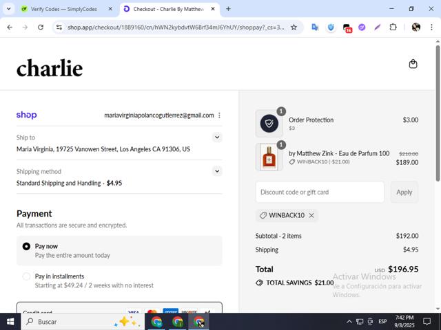 Charlie by Matthew Zink checkout page showing Charlie by Matthew Zink discount code box | Screenshot taken by SimplyCodes community member on Sep 8, 2025