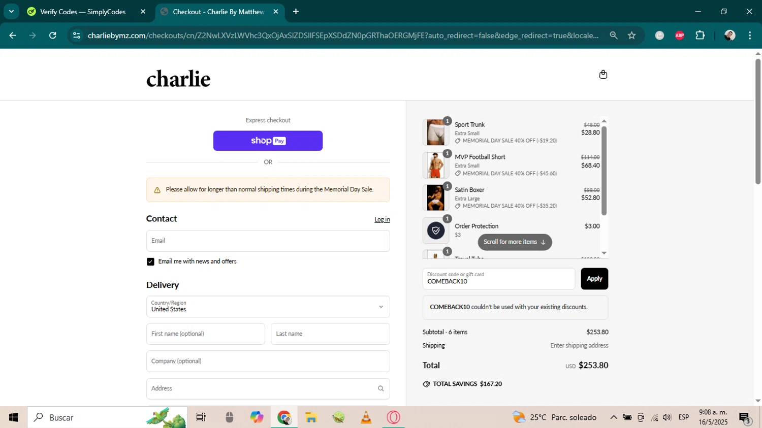 Charlie by Matthew Zink discount code screenshot showing code COMEBACK10 applied at Charlie by Matthew Zink checkout page. Uploaded by SimplyCodes community member ArtemixX13 on May 16, 2025
