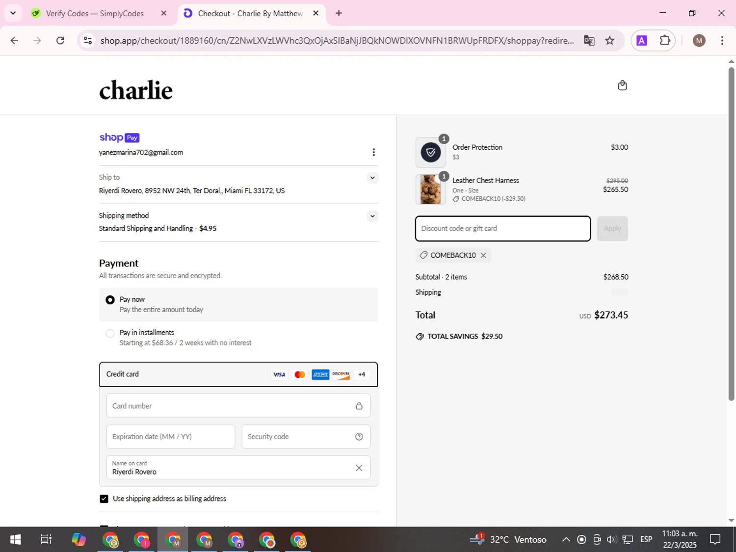 Charlie by Matthew Zink discount code screenshot showing code COMEBACK10 applied at Charlie by Matthew Zink checkout page. Uploaded by SimplyCodes community member FrugalGuardian6154 on Mar 22, 2025