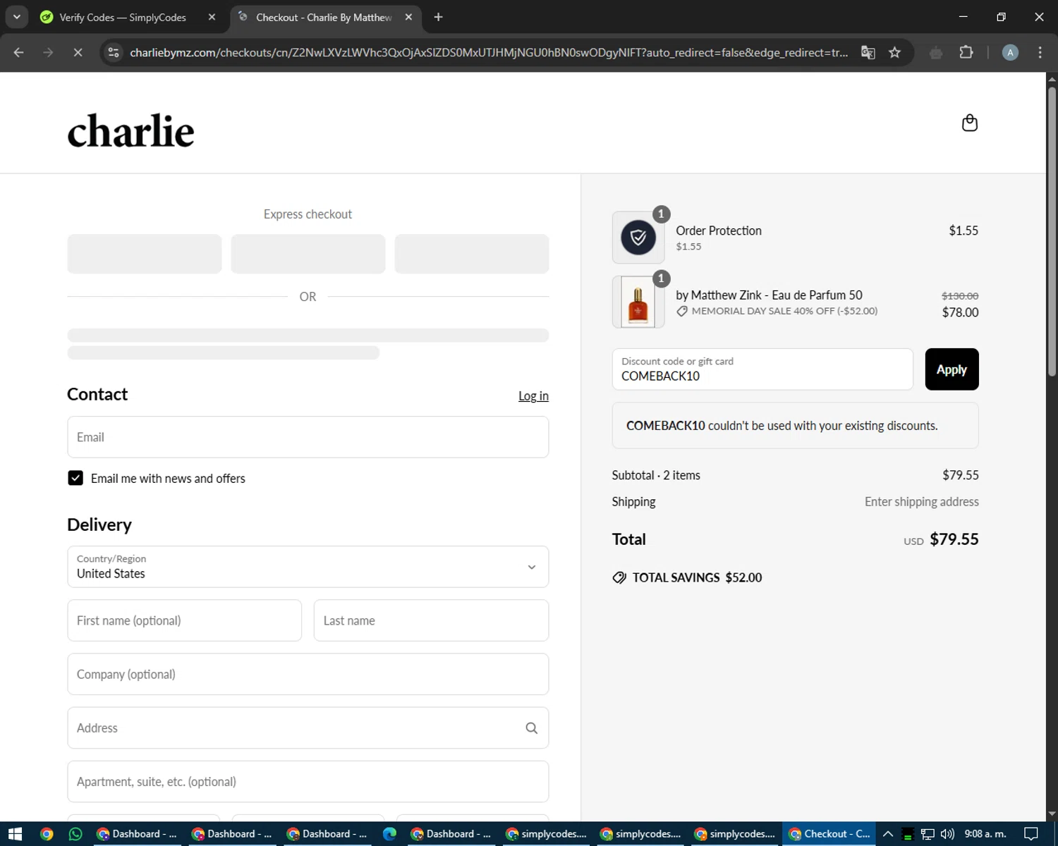 Charlie by Matthew Zink discount code screenshot showing code COMEBACK10 applied at Charlie by Matthew Zink checkout page. Uploaded by SimplyCodes community member trippieredd on May 16, 2025