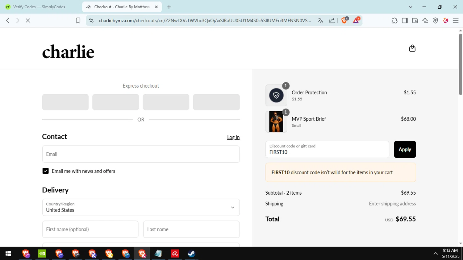 Charlie by Matthew Zink discount code screenshot showing code FIRST10 applied at Charlie by Matthew Zink checkout page. Uploaded by SimplyCodes community member Cucalina on May 11, 2025
