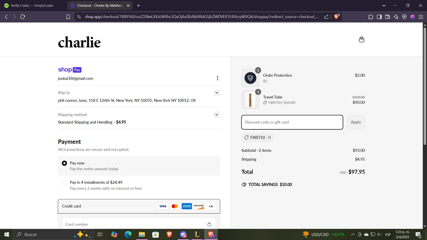 Charlie by Matthew Zink discount code screenshot showing code FIRST10 applied at Charlie by Matthew Zink checkout page. Uploaded by SimplyCodes community member Despechao on Apr 5, 2025