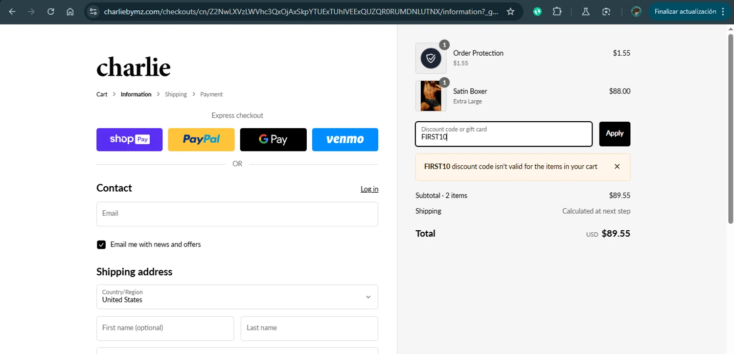 Charlie by Matthew Zink discount code screenshot showing code FIRST10 applied at Charlie by Matthew Zink checkout page. Uploaded by SimplyCodes community member MariaCorinaMachado on Jan 31, 2025