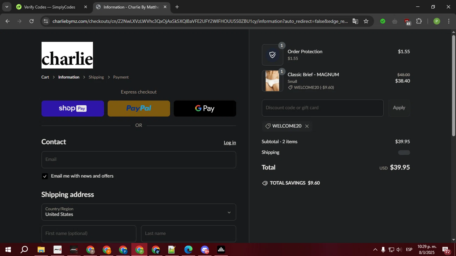 Charlie by Matthew Zink discount code screenshot showing code WELCOME20 applied at Charlie by Matthew Zink checkout page. Uploaded by SimplyCodes community member FortunateTiger3302 on Mar 9, 2025