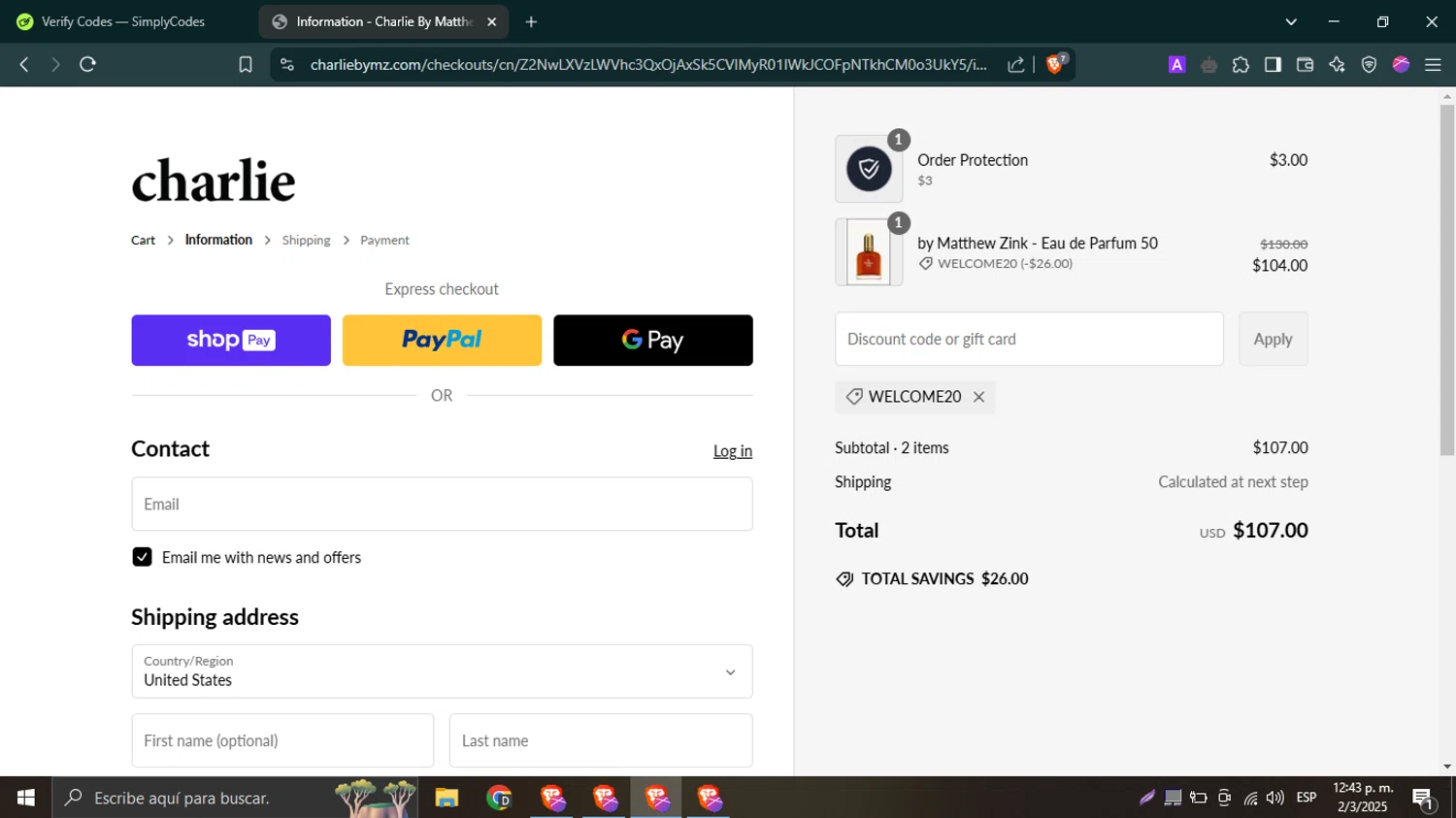 Charlie by Matthew Zink discount code screenshot showing code WELCOME20 applied at Charlie by Matthew Zink checkout page. Uploaded by SimplyCodes community member PrimeWhiz4850 on Mar 2, 2025
