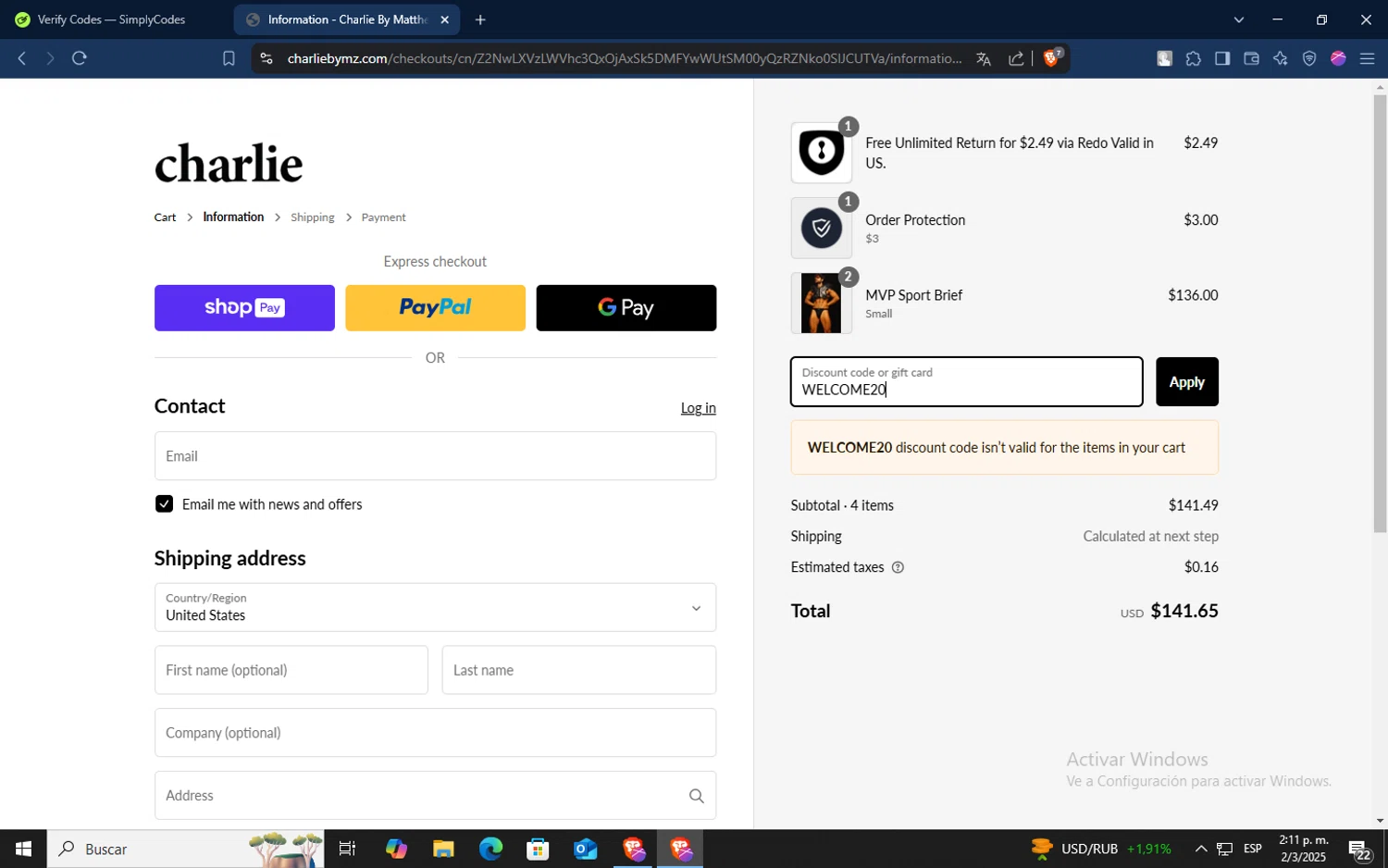 Charlie by Matthew Zink discount code screenshot showing code WELCOME20 applied at Charlie by Matthew Zink checkout page. Uploaded by SimplyCodes community member TokenSaver1205 on Mar 2, 2025