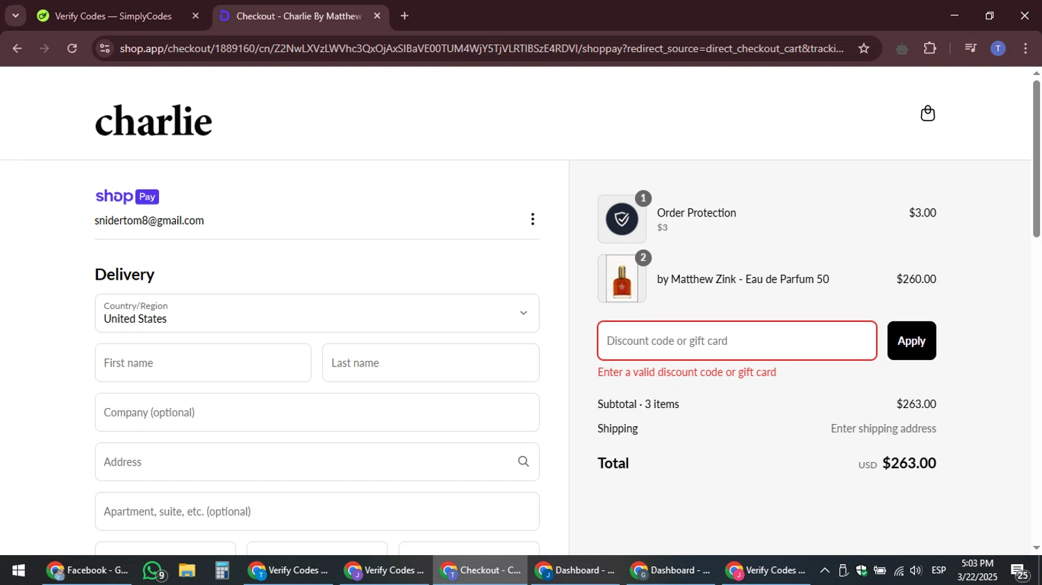 Charlie by Matthew Zink discount code screenshot showing code FOREVERCHARLIE applied at Charlie by Matthew Zink checkout page. Uploaded by SimplyCodes community member snidertom8 on Mar 22, 2025