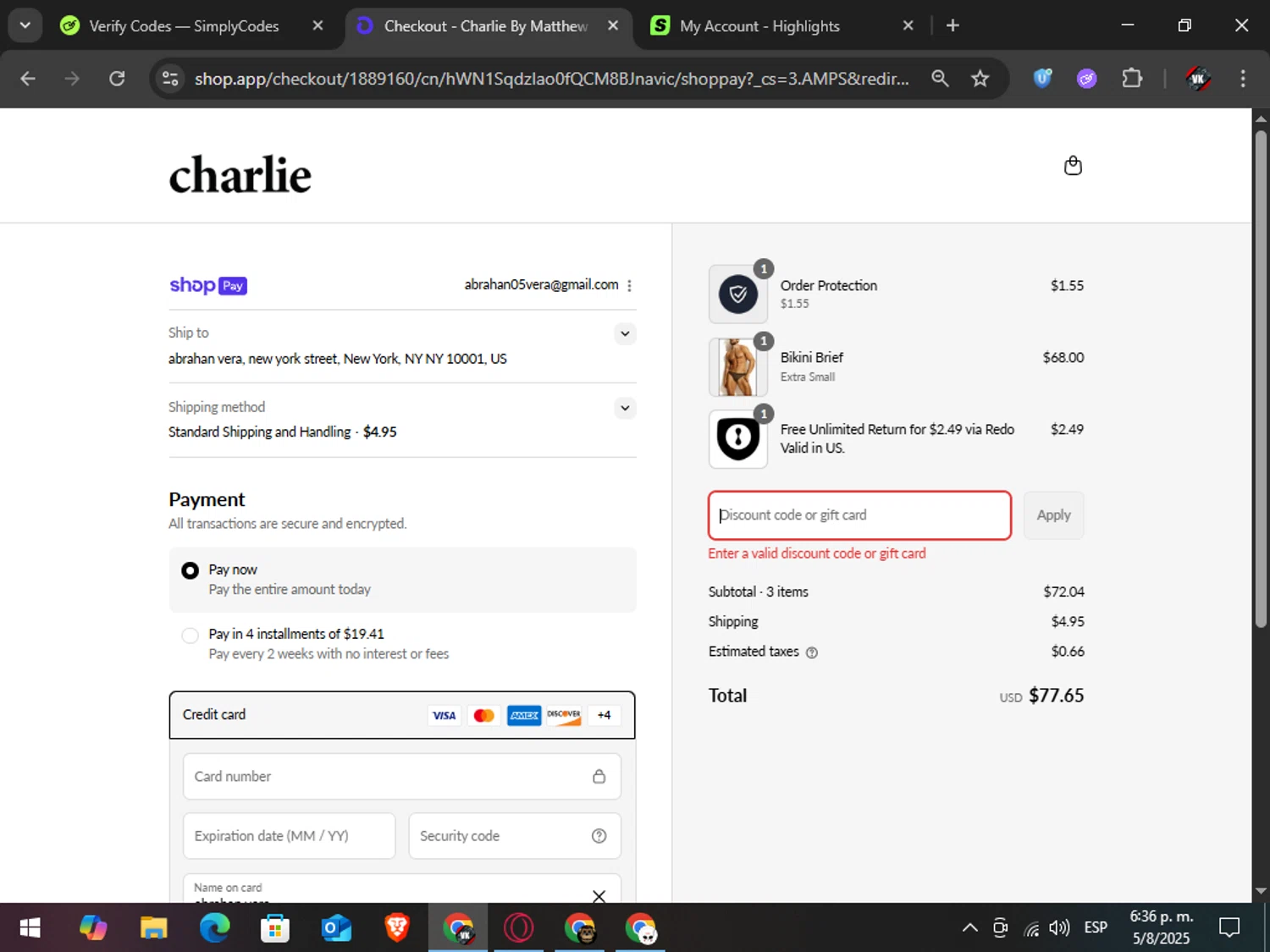 Charlie by Matthew Zink discount code screenshot showing code SWIM30 applied at Charlie by Matthew Zink checkout page. Uploaded by SimplyCodes community member TreasureAdmiral6867 on Aug 5, 2025