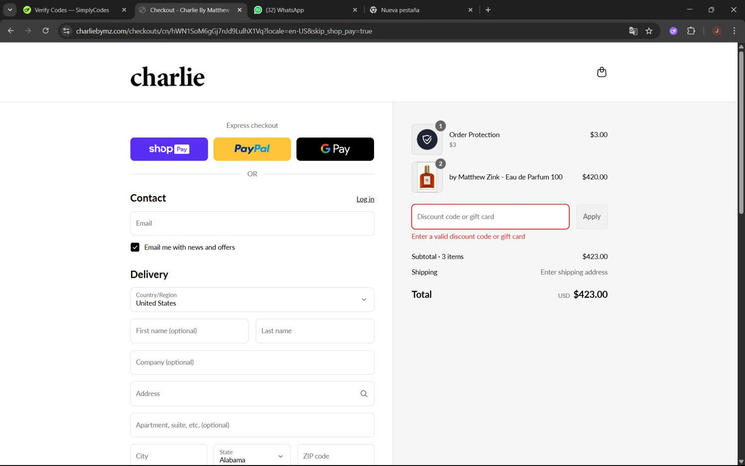 Charlie by Matthew Zink discount code screenshot showing code SWIM30 applied at Charlie by Matthew Zink checkout page. Uploaded by SimplyCodes community member juanx1702 on Aug 5, 2025