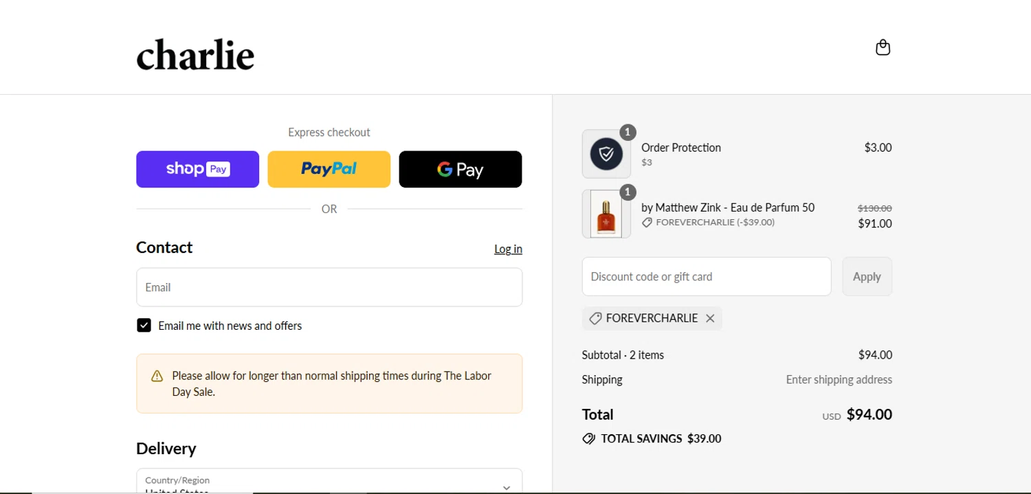 Charlie by Matthew Zink discount code screenshot showing code FOREVERCHARLIE applied at Charlie by Matthew Zink checkout page. Uploaded by SimplyCodes community member juanisaac on Aug 22, 2025
