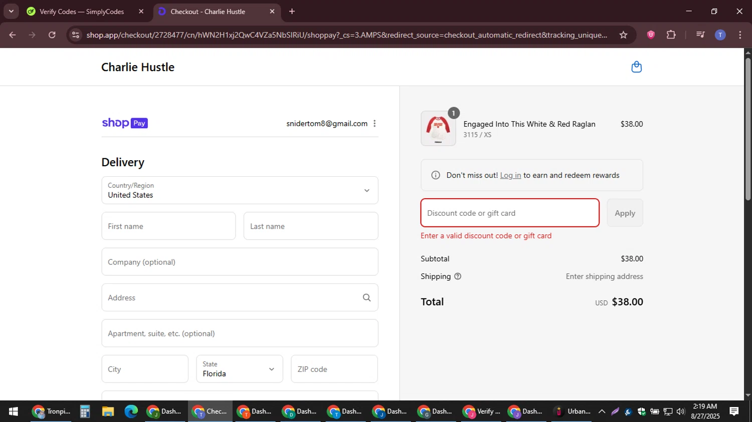 Charlie Hustle discount code screenshot showing code WELCOME10 applied at Charlie Hustle checkout page. Uploaded by SimplyCodes community member snidertom8 on Aug 27, 2025