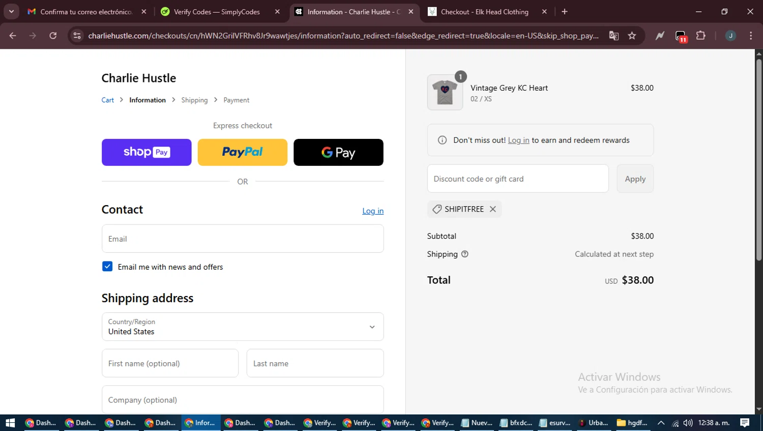 Charlie Hustle discount code screenshot showing code SHIPITFREE applied at Charlie Hustle checkout page. Uploaded by SimplyCodes community member ScanLynx8928 on Aug 27, 2025