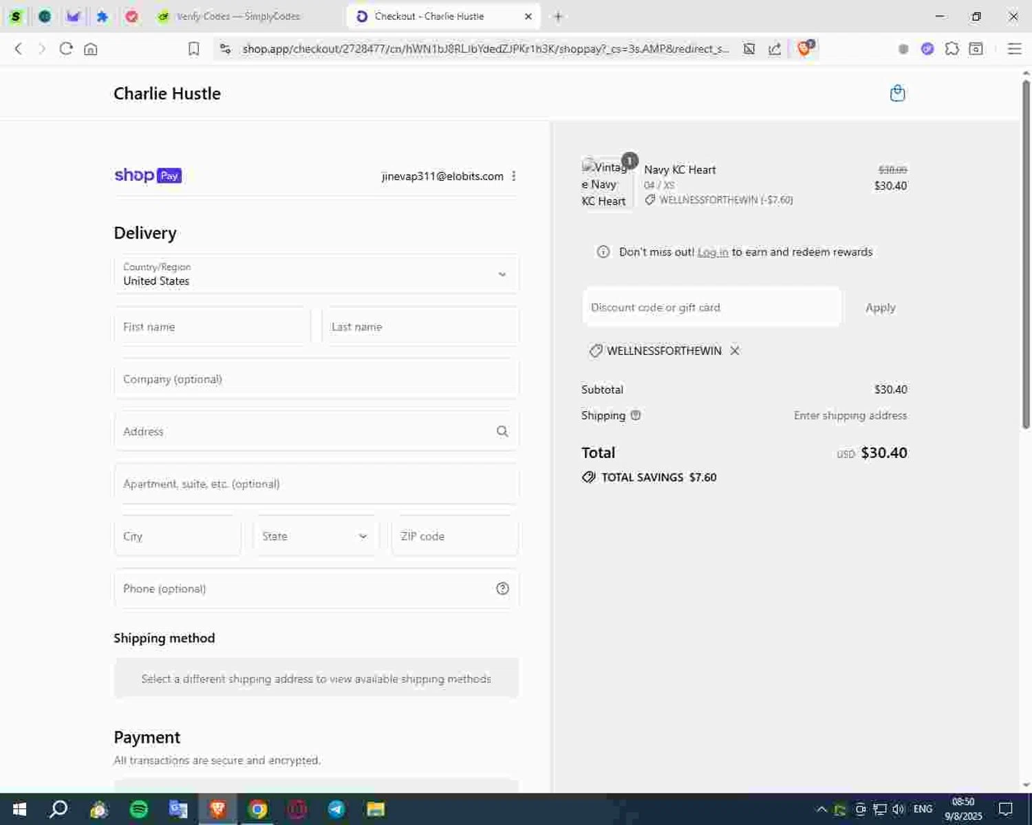 Charlie Hustle discount code screenshot showing code WELLNESSFORTHEWIN applied at Charlie Hustle checkout page. Uploaded by SimplyCodes community member Deadpool on Aug 9, 2025