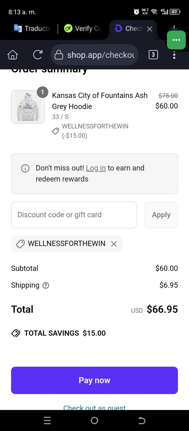 Charlie Hustle discount code screenshot showing code WELLNESSFORTHEWIN applied at Charlie Hustle checkout page. Uploaded by SimplyCodes community member Jannyisea on Apr 29, 2025