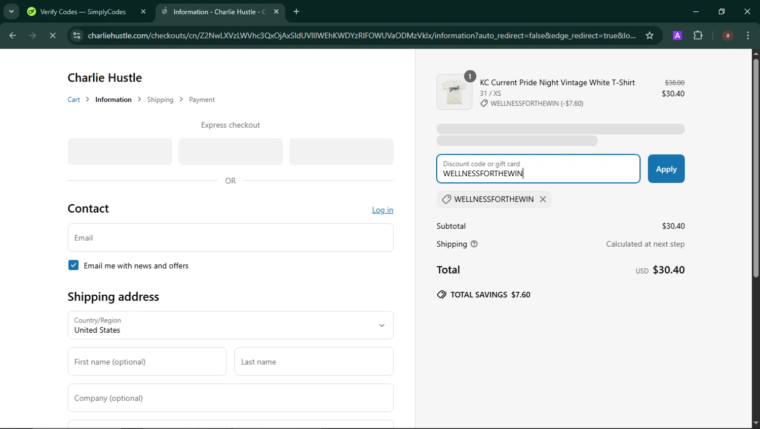 Charlie Hustle discount code screenshot showing code WELLNESSFORTHEWIN applied at Charlie Hustle checkout page. Uploaded by SimplyCodes community member SilverSeeker255 on Jun 3, 2025
