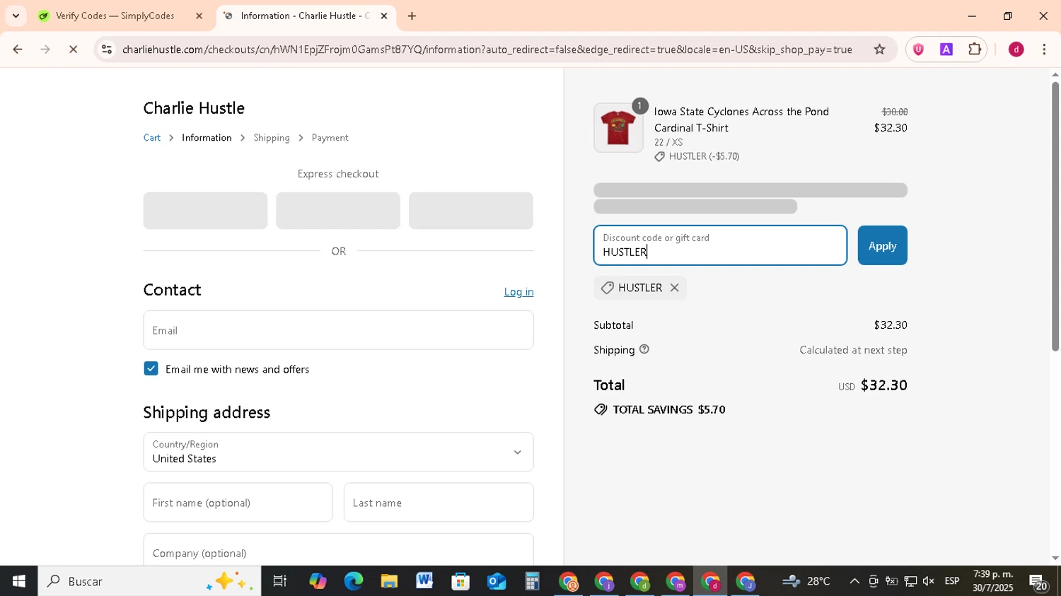Charlie Hustle discount code screenshot showing code HUSTLER applied at Charlie Hustle checkout page. Uploaded by SimplyCodes community member FrugalMonarch7277 on Jul 30, 2025